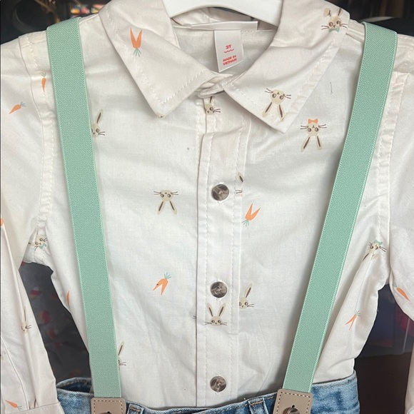 Boys Easter outfit Button-Up Shirt with Suspenders and Light Blue Jeans size 2T - Picture 2 of 3